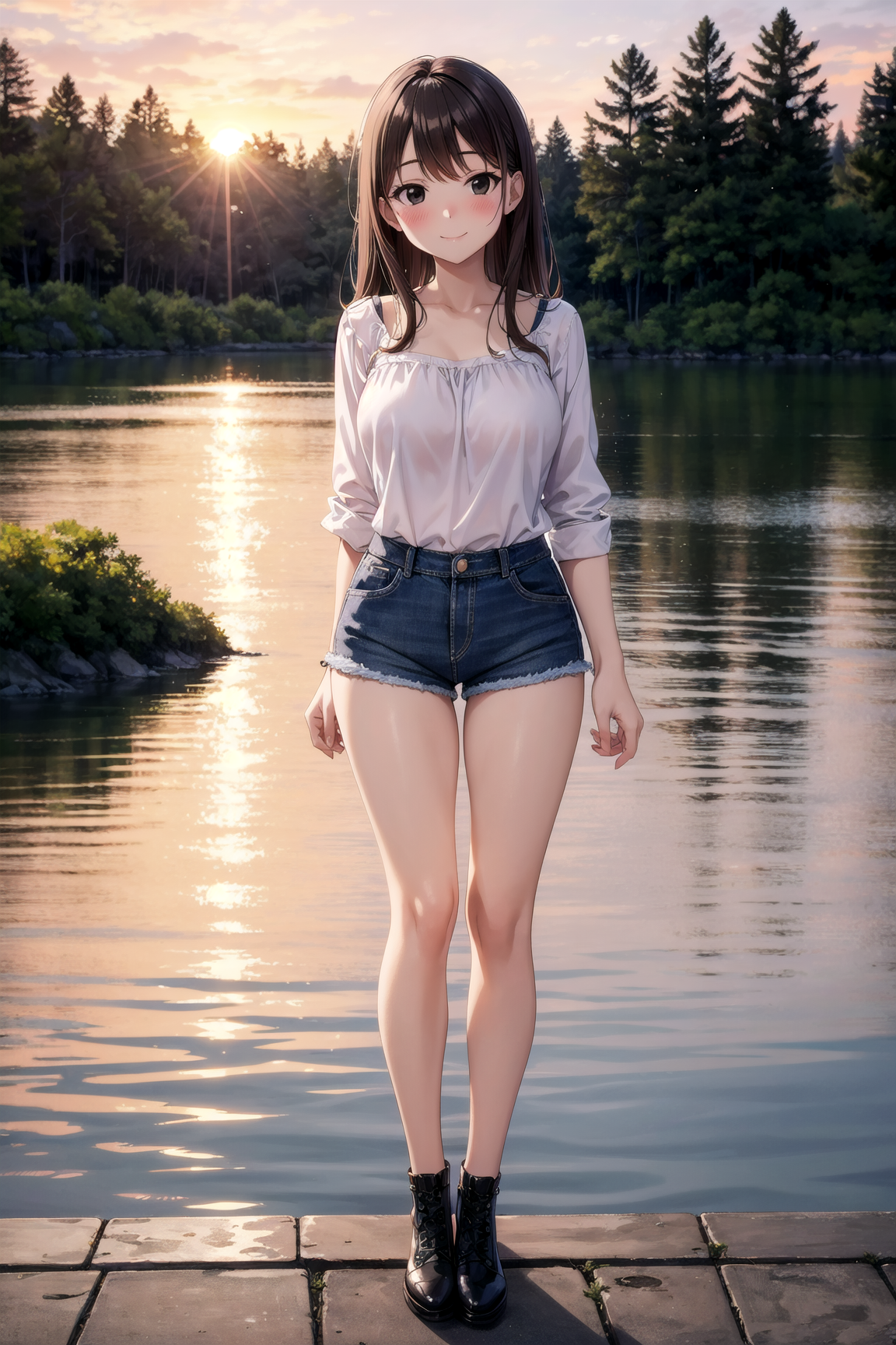 002-817831502-1girl, mature female, sunset, lake, forest, smile, (blush_1.2), standing, (black eyes_1.2), brown hair, looking at viewer, pov,.png